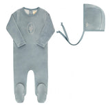 Blue Velour Center Floral Collection Footie