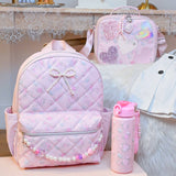 Floral Print Quilted Large Backpack with Pearl Charm