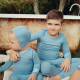Blue Inside Seams Footie + Bonnet