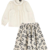 Pleat Peter Pan Collar Blouse & Leopard Flare Skirt Set