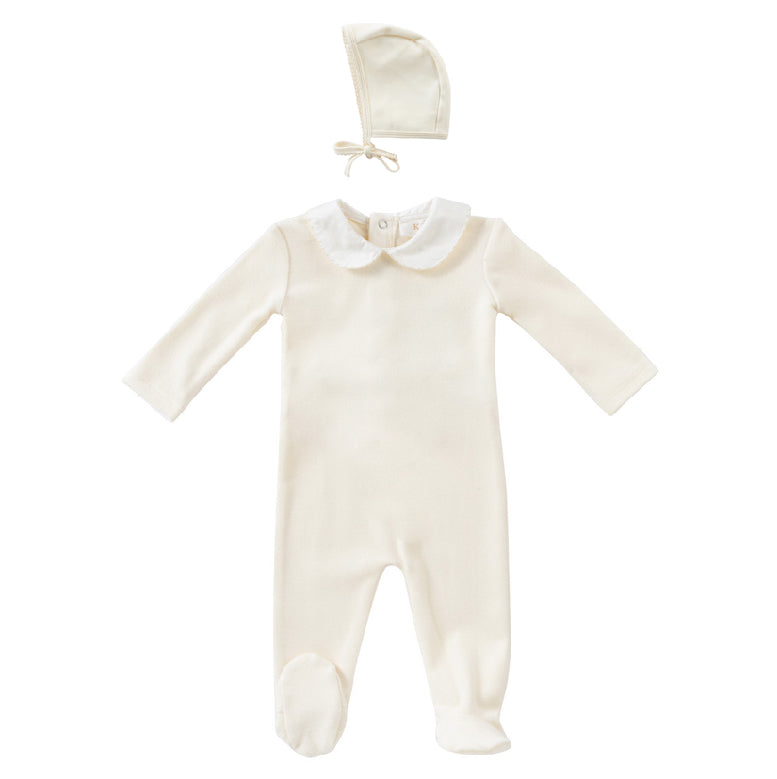 Scalloped Embroidered Romper and Bonnet Set