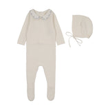 Cream/Blue Embroidered Knit Collar Footie