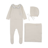 Cream/Blue Embroidered Knit Collar Footie