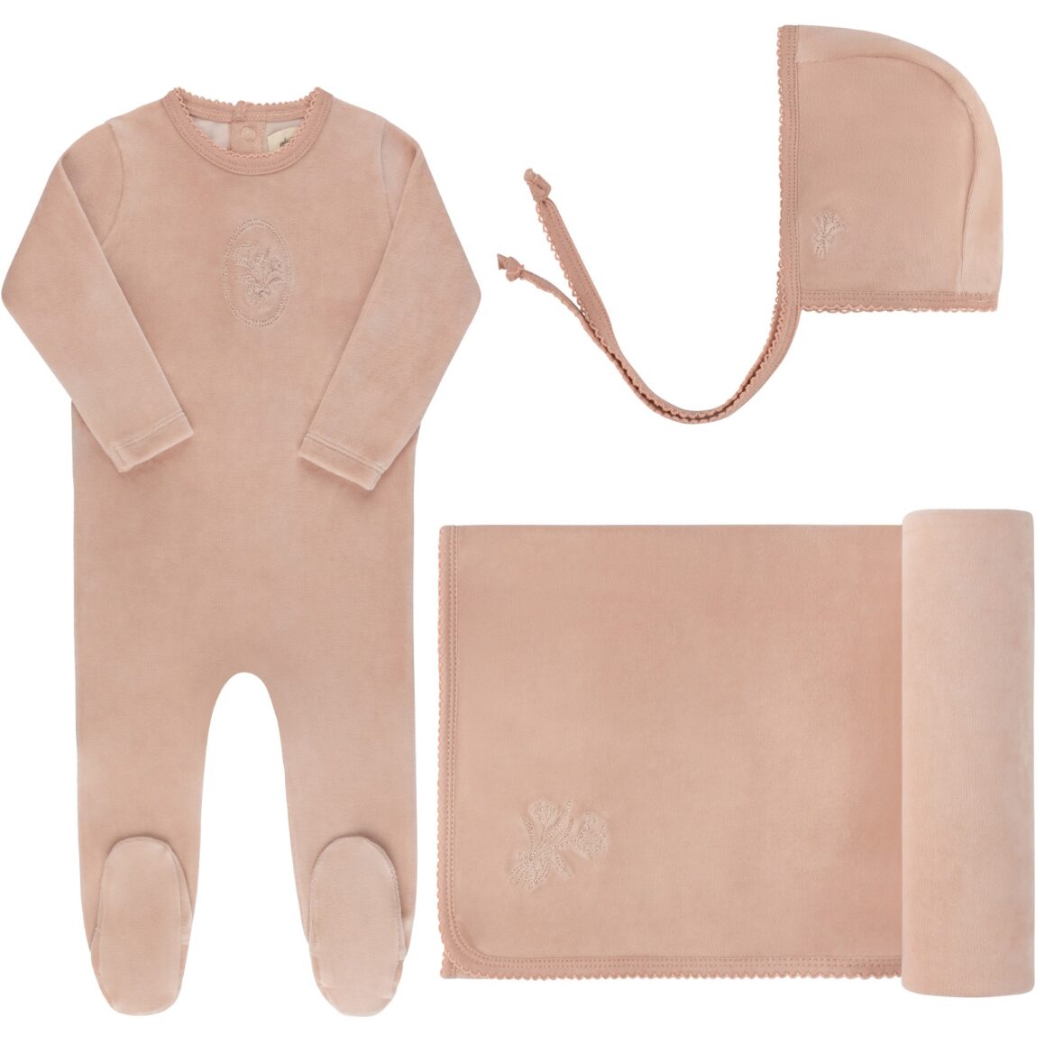 Pink Velour Center Floral Collection Footie