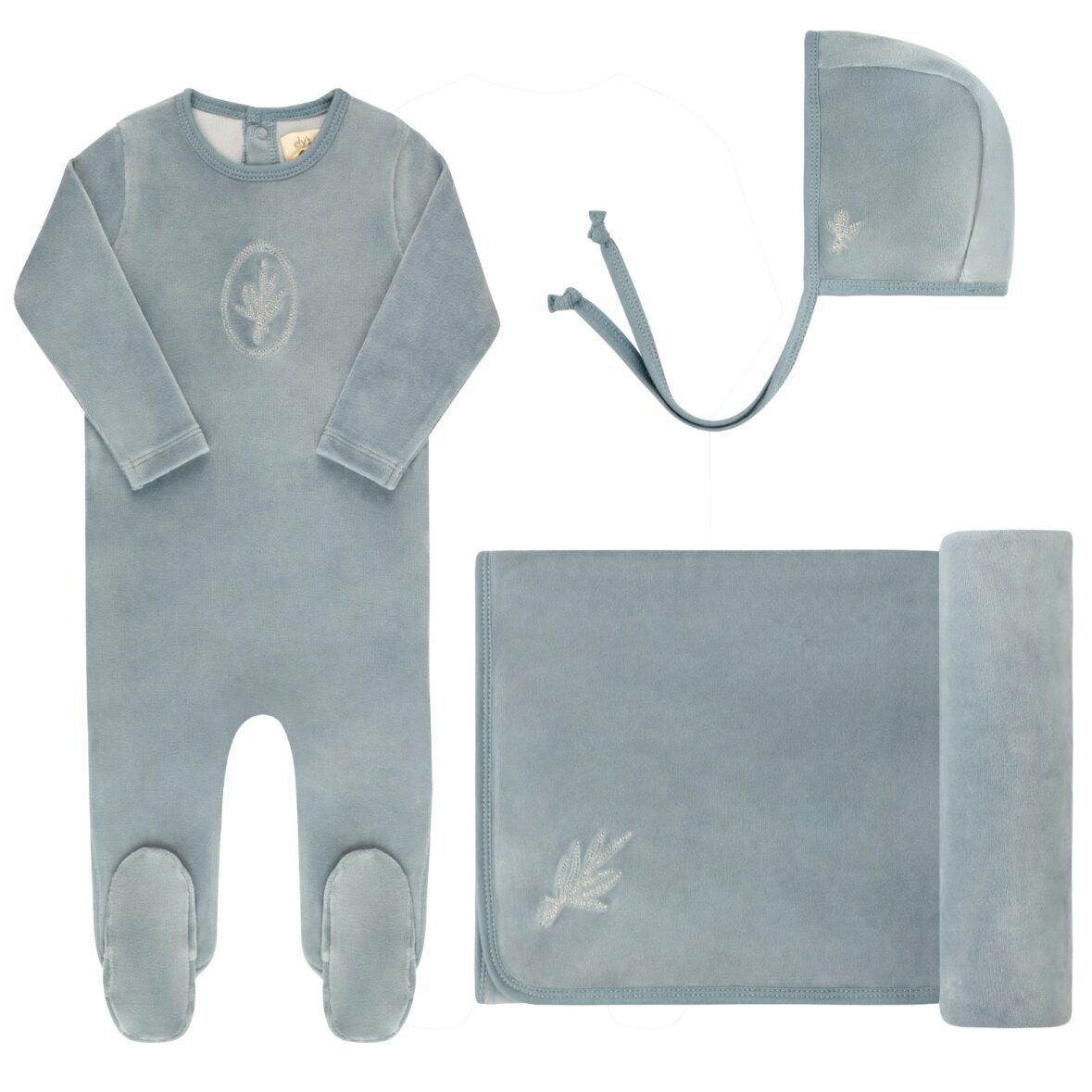 Blue Velour Center Floral Collection Footie