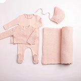 Pink Herringbone Cardigan Footie + Bonnet