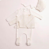 Chalk White Herringbone Cardigan Footie + Bonnet
