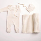 Pleated Knit Velour Footie + Bonnet