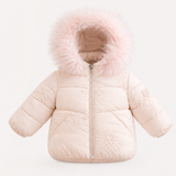 Pink Embroidered Fur Trimmed Down Coat