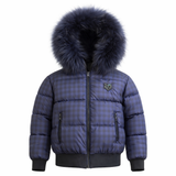 Blue Check Fur-Trim Bomber Down Coat