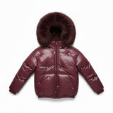 Burgundy Bow Embroidered Fur Hood Down Coat