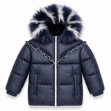 Navy Fur Trimmed Girls Down Coat with Ruffle Detail