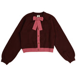Contrast Bow Cardigan and Gathered Waist Skirt Set