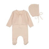 Pink Intricate Knit Cardigan Footie + Bonnet